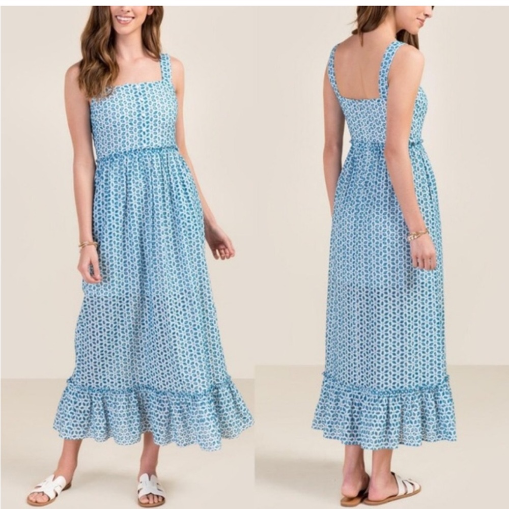 Blue rain Darla Eyelet sleeveless blue and white tiered maxi dress never worn
